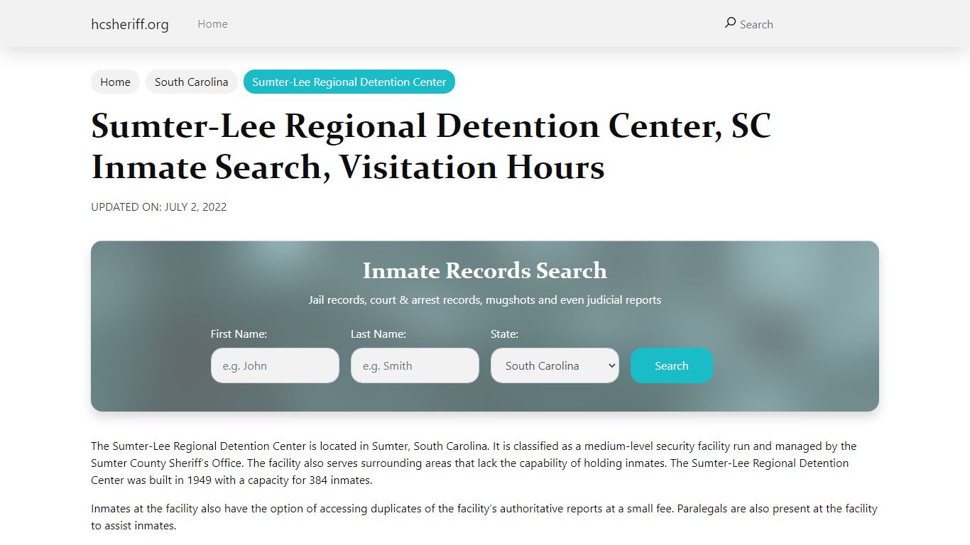 Sumter-Lee Regional Detention Center, SC Inmate Search, Visitation Hours